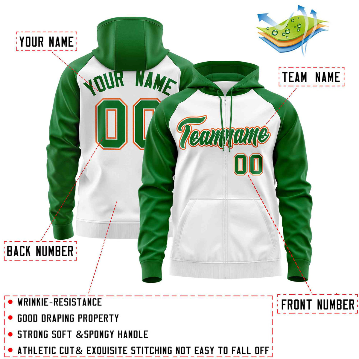 Custom Stitched White Kelly Green Raglan Sleeves Sports Full-Zip Sweatshirt Hoodie| KXKSHOP