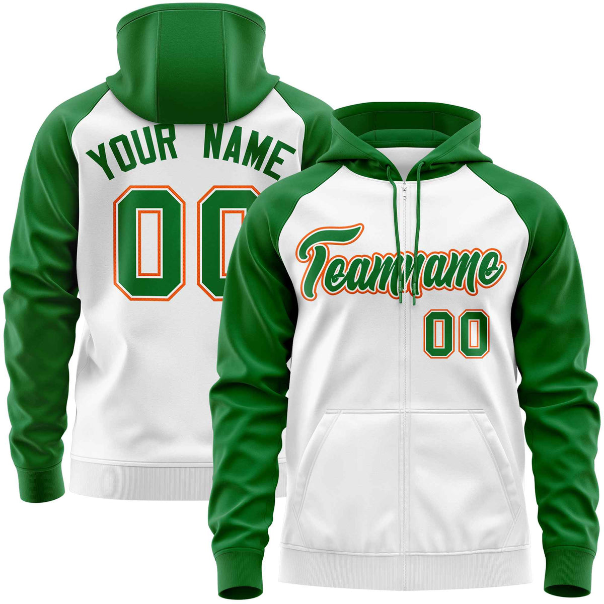 Custom Stitched White Kelly Green Raglan Sleeves Sports Full-Zip Sweatshirt Hoodie| KXKSHOP