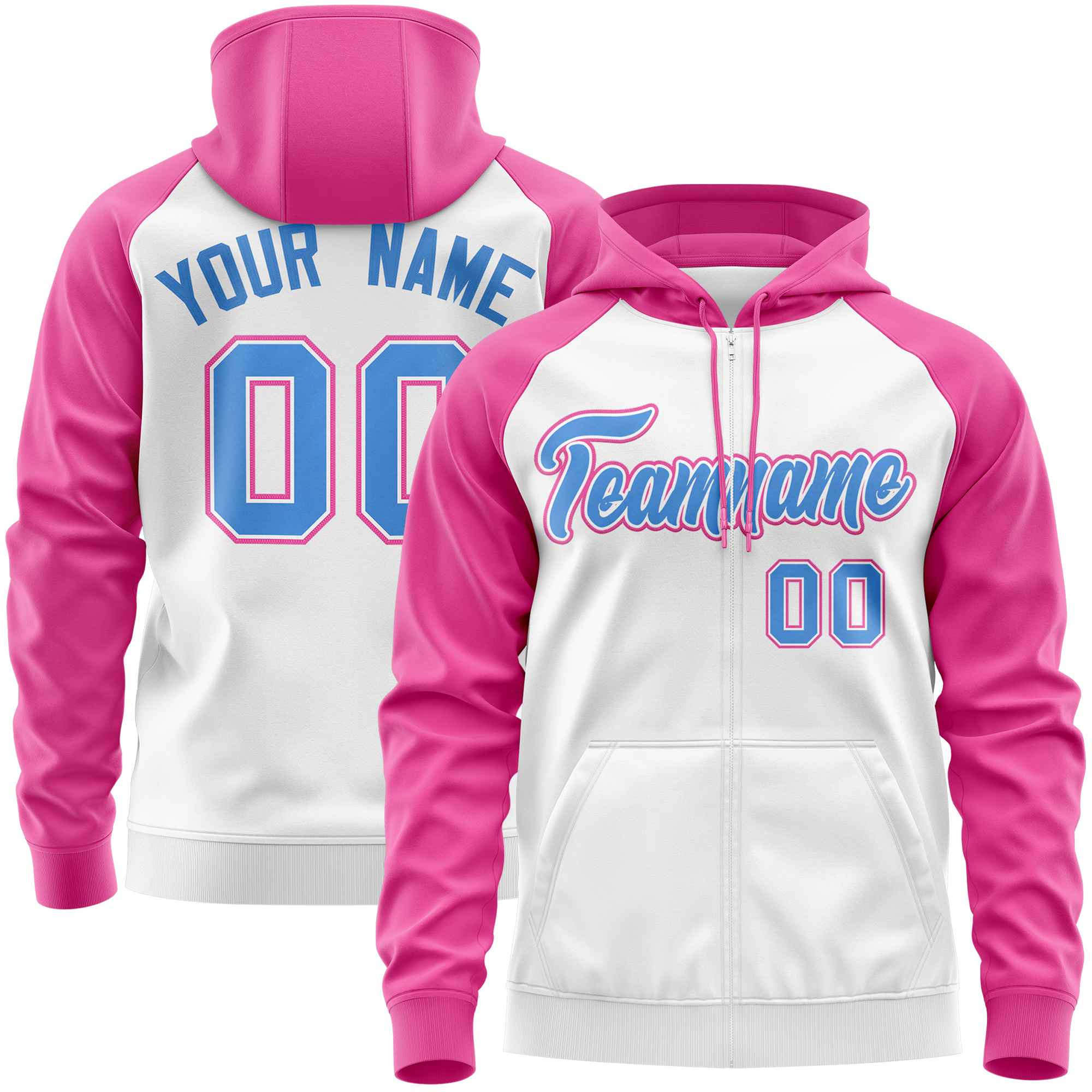 Custom Stitched White Pink-Powder Blue Raglan Sleeves Sports Full-Zip Sweatshirt Hoodie| KXKSHOP