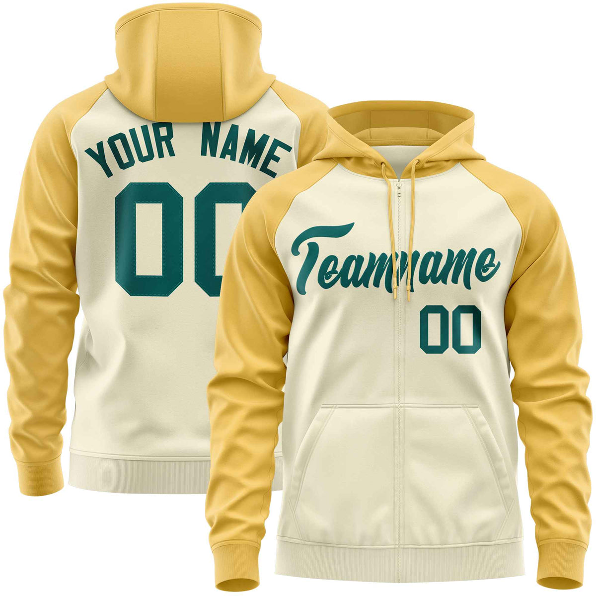 Custom Stitched Cream Yellow-Aqua Raglan Sleeves Sports Full-Zip Sweatshirt Hoodie| KXKSHOP