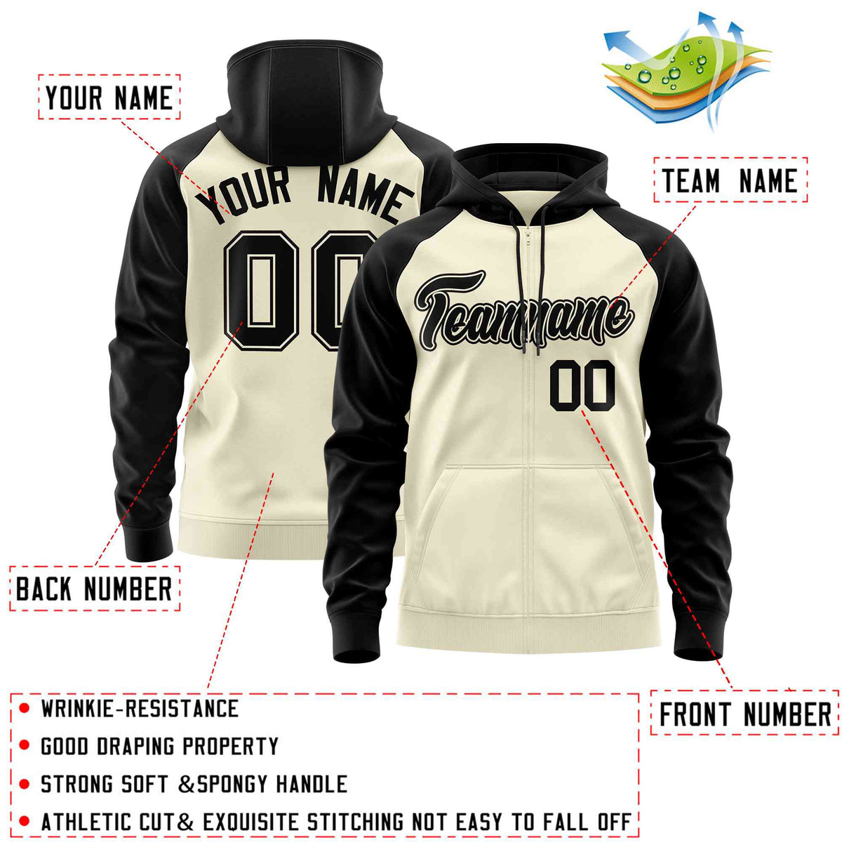Custom Stitched Cream Black Raglan Sleeves Sports Full-Zip Sweatshirt Hoodie| KXKSHOP