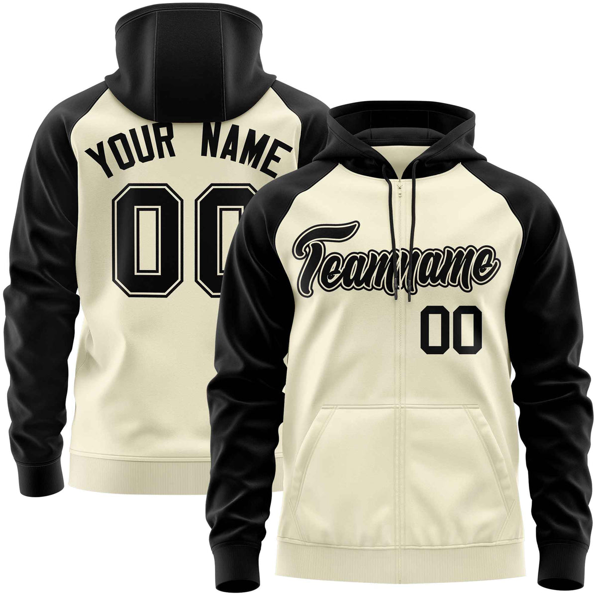 Custom Stitched Cream Black Raglan Sleeves Sports Full-Zip Sweatshirt Hoodie| KXKSHOP