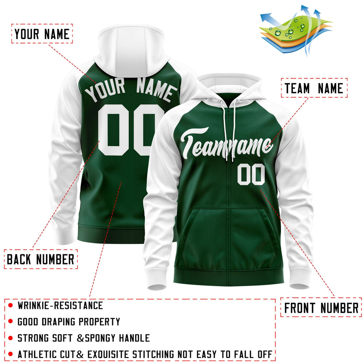 Custom Stitched Green White Raglan Sleeves Sports Full-Zip Sweatshirt Hoodie| KXKSHOP