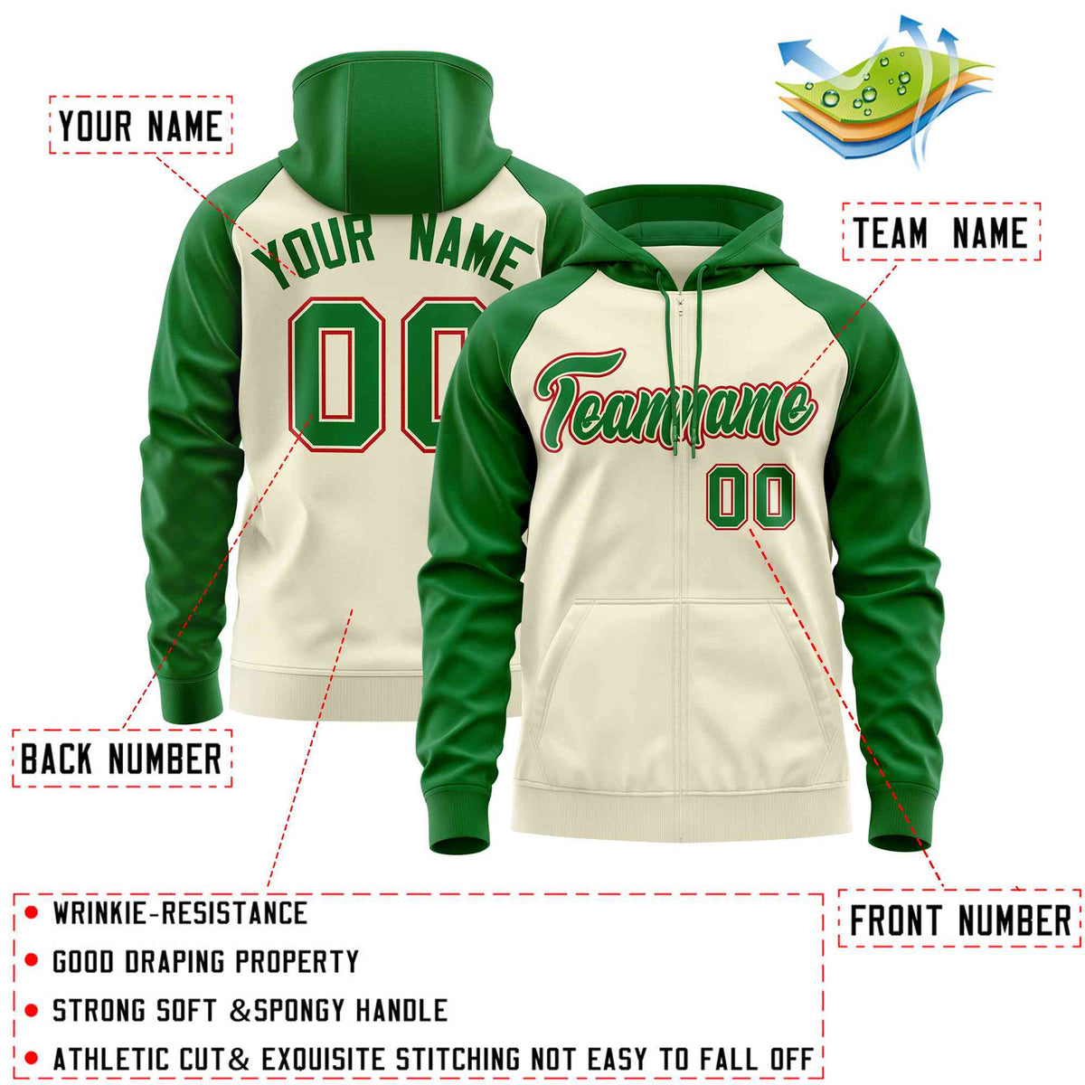 Custom Stitched Cream Kelly Green Raglan Sleeves Sports Full-Zip Sweatshirt Hoodie| KXKSHOP