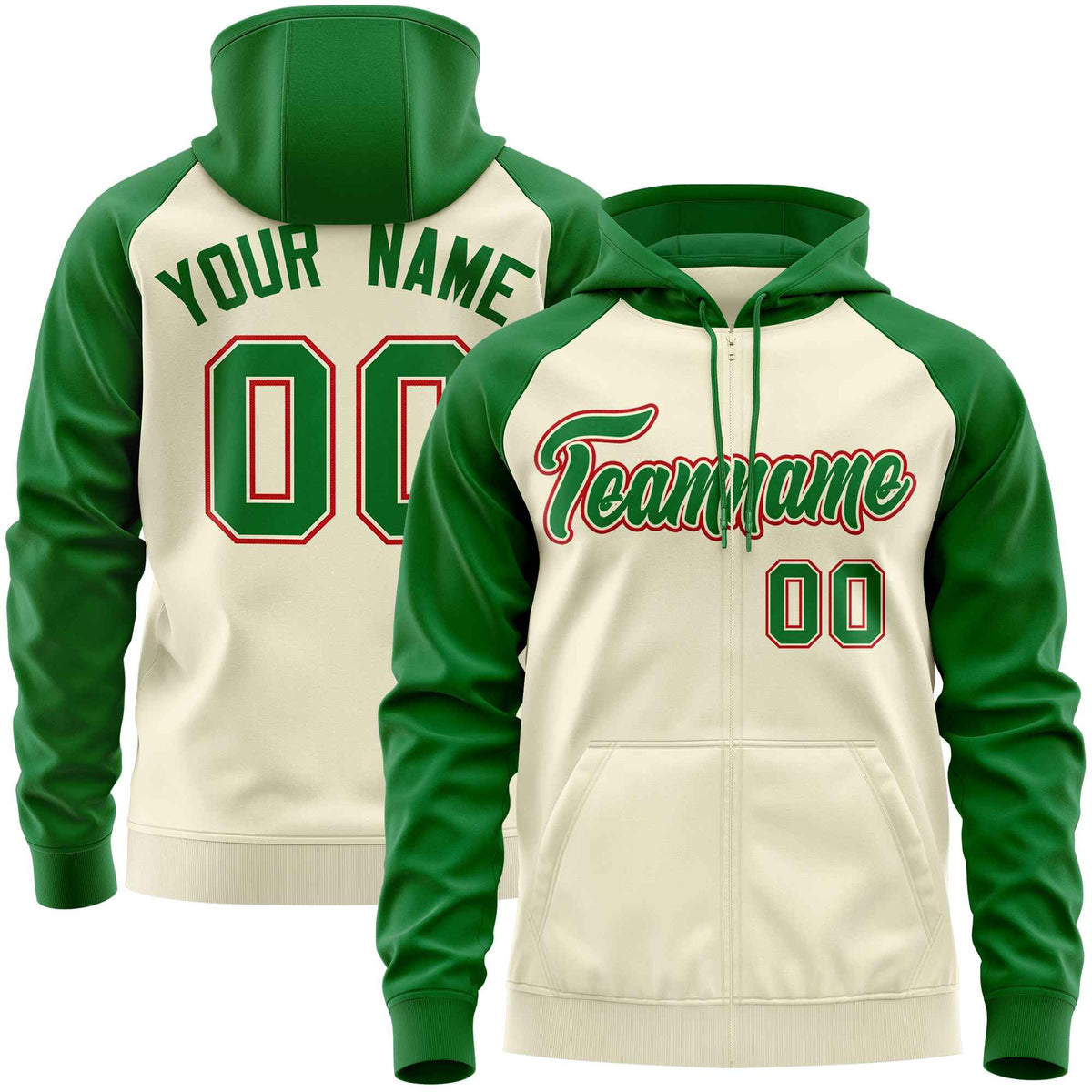 Custom Stitched Cream Kelly Green Raglan Sleeves Sports Full-Zip Sweatshirt Hoodie| KXKSHOP