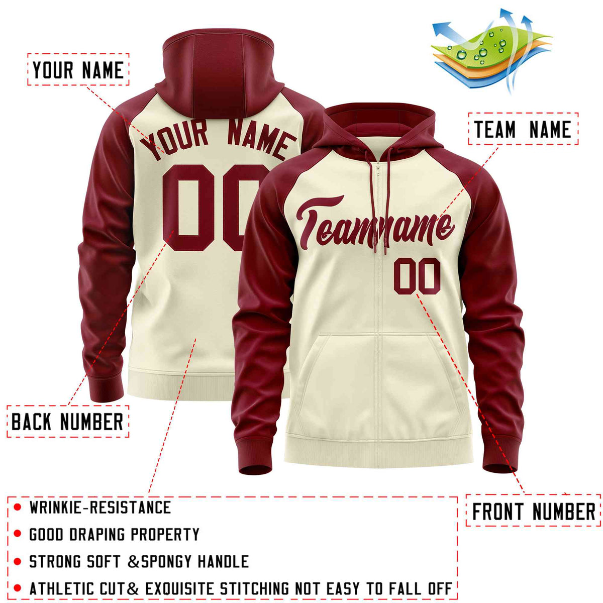 Custom Stitched Cream Crimson Raglan Sleeves Sports Full-Zip Sweatshirt Hoodie| KXKSHOP