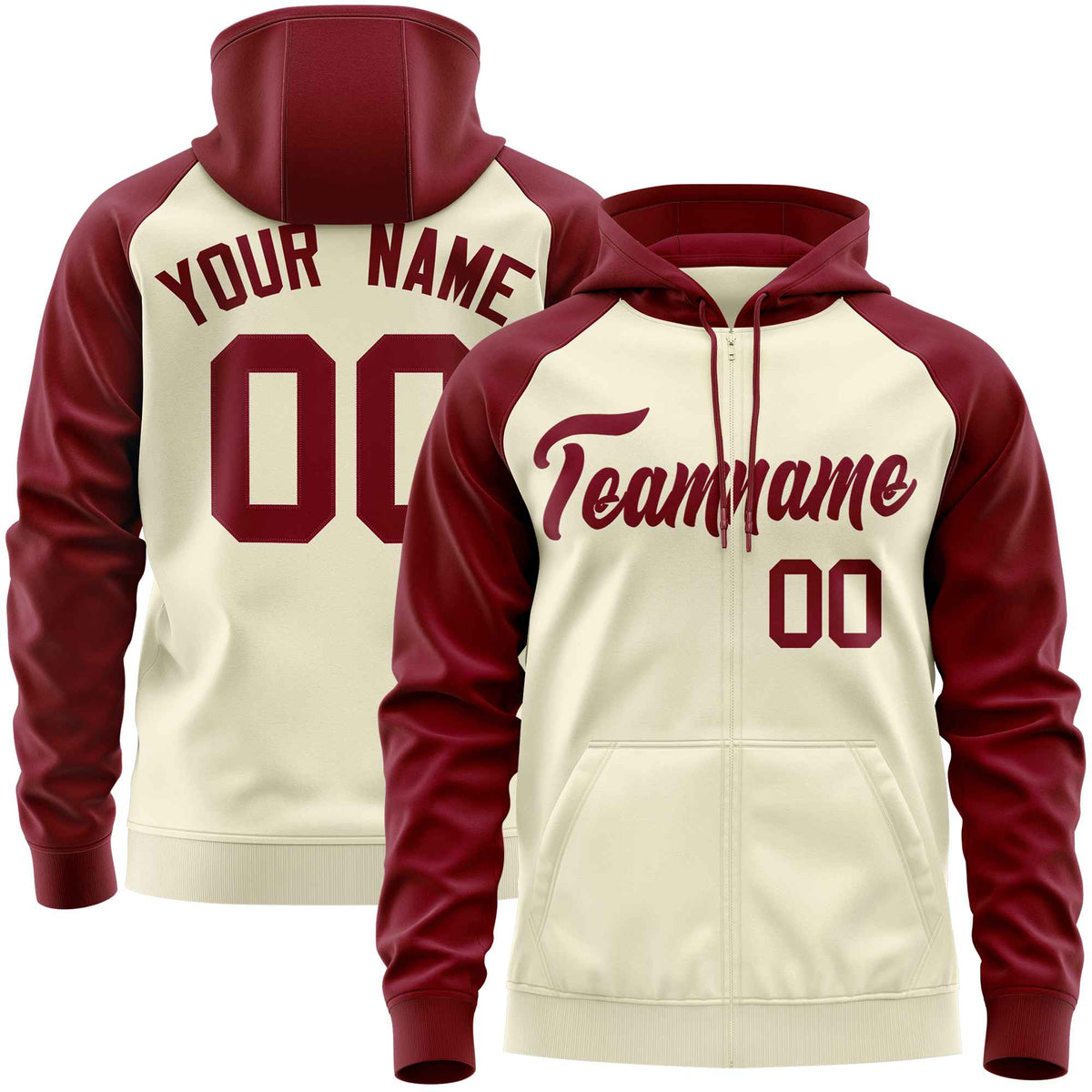Custom Stitched Cream Crimson Raglan Sleeves Sports Full-Zip Sweatshirt Hoodie| KXKSHOP