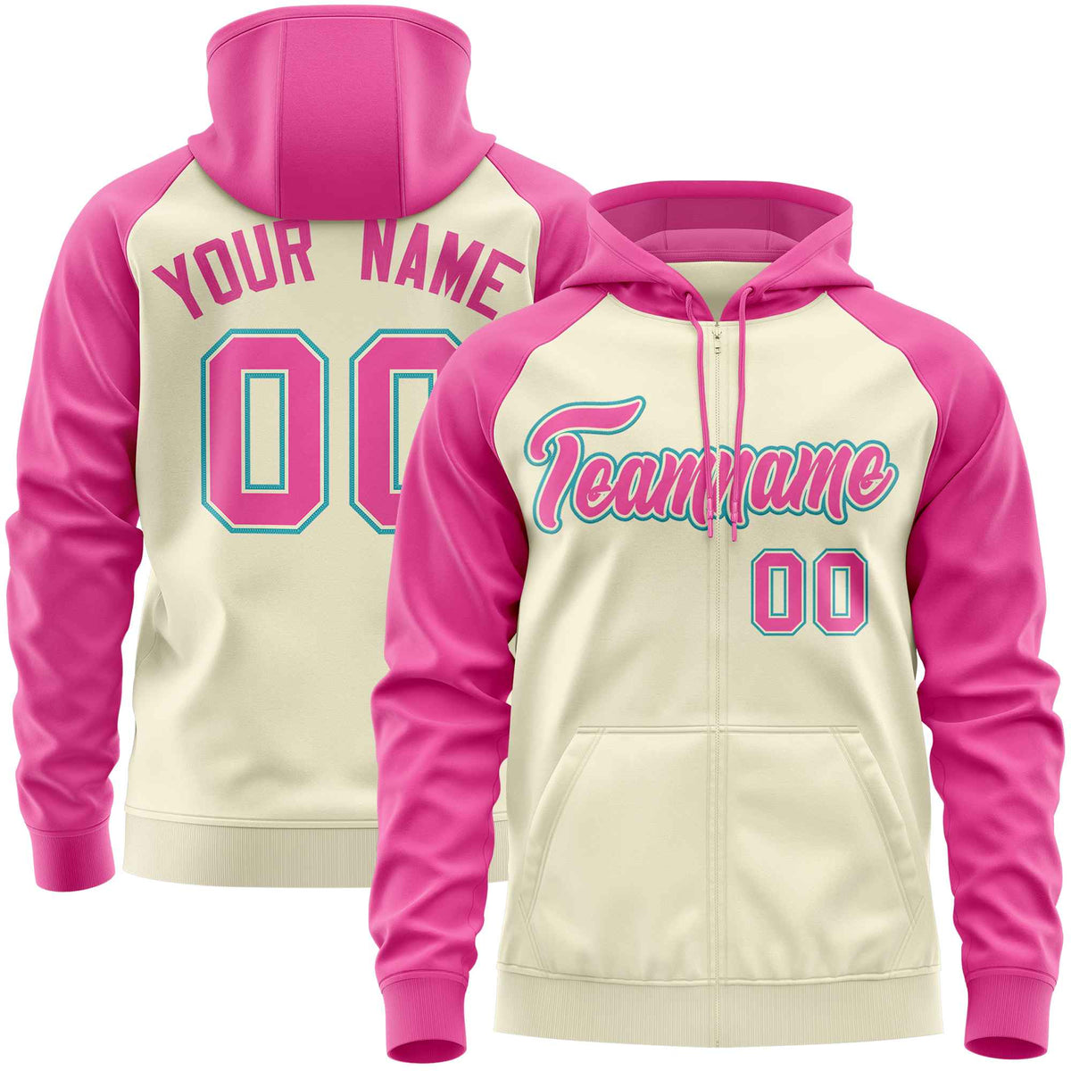 Custom Stitched Cream Pink Raglan Sleeves Sports Full-Zip Sweatshirt Hoodie| KXKSHOP