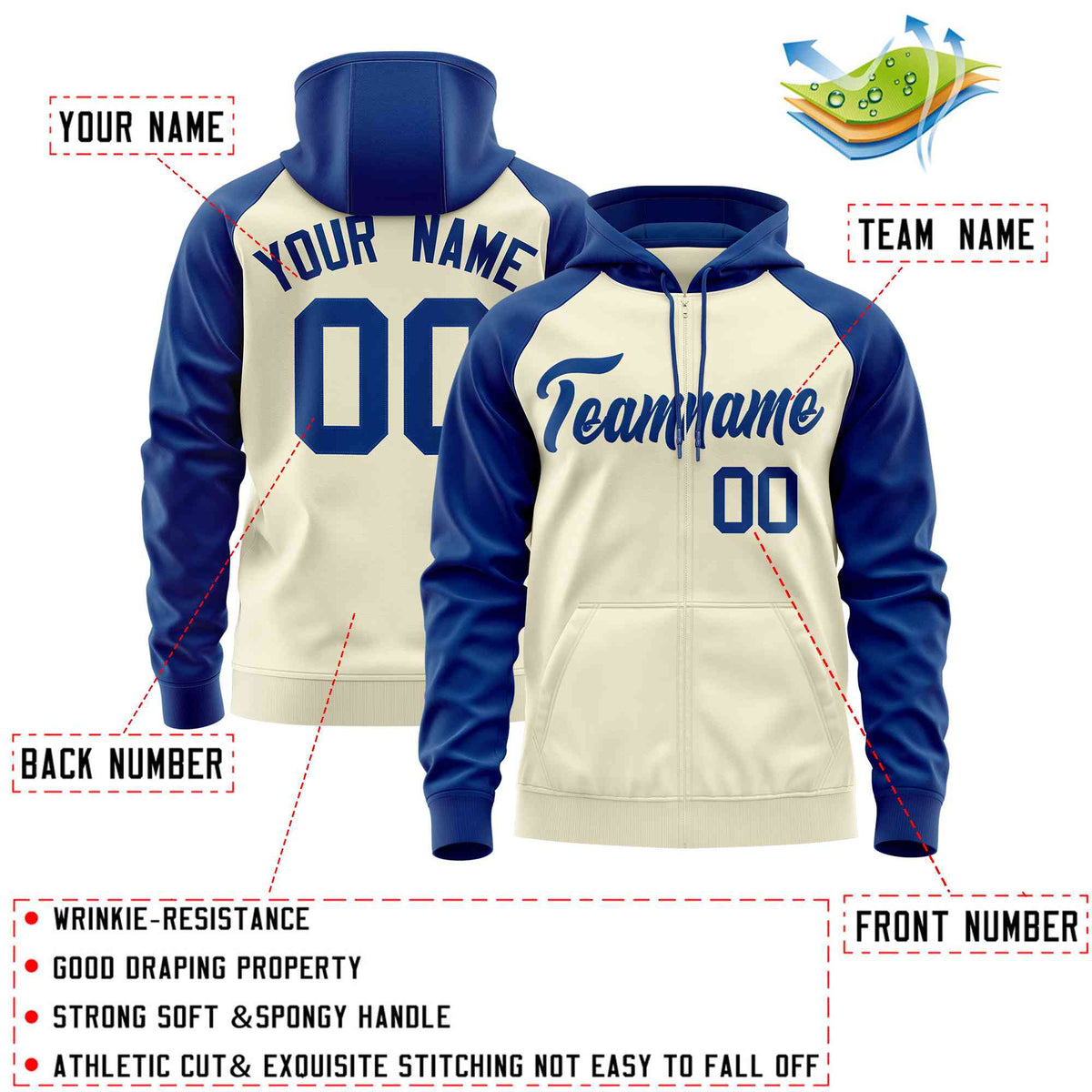 Custom Stitched Cream Royal Raglan Sleeves Sports Full-Zip Sweatshirt Hoodie| KXKSHOP