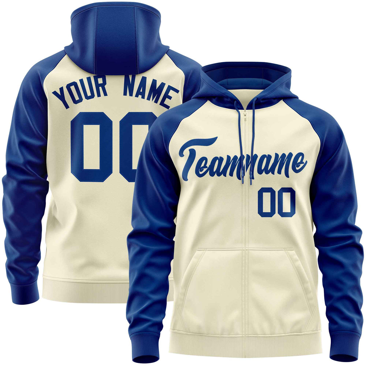 Custom Stitched Cream Royal Raglan Sleeves Sports Full-Zip Sweatshirt Hoodie| KXKSHOP