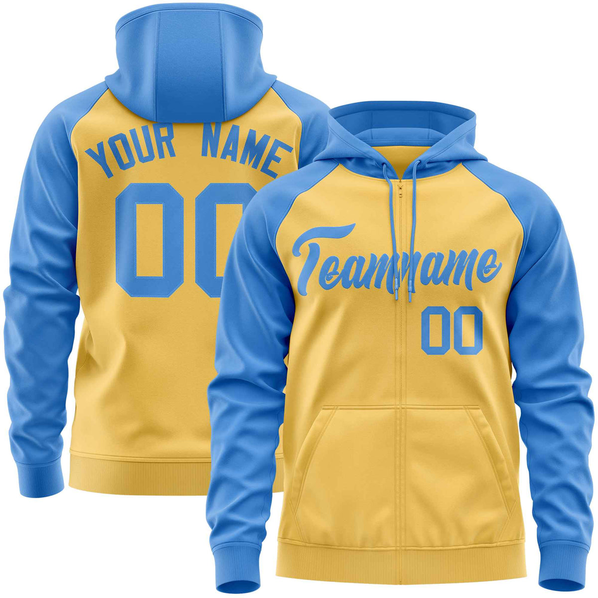 Custom Stitched Yellow Powder Blue Raglan Sleeves Sports Full-Zip Sweatshirt Hoodie| KXKSHOP