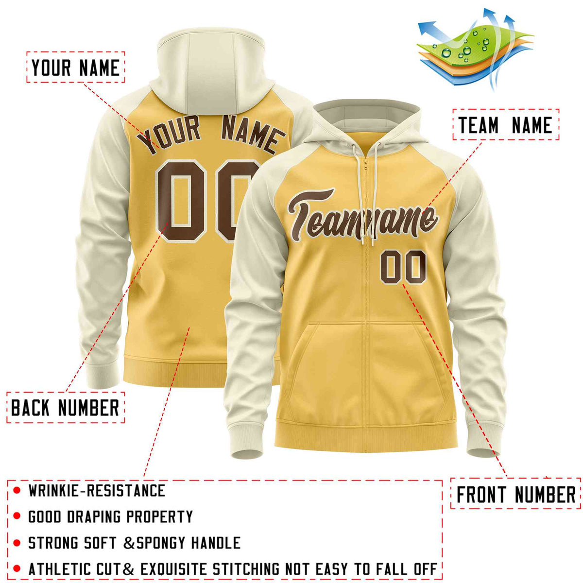 Custom Stitched Yellow Cream-Light Brown Raglan Sleeves Sports Full-Zip Sweatshirt Hoodie| KXKSHOP