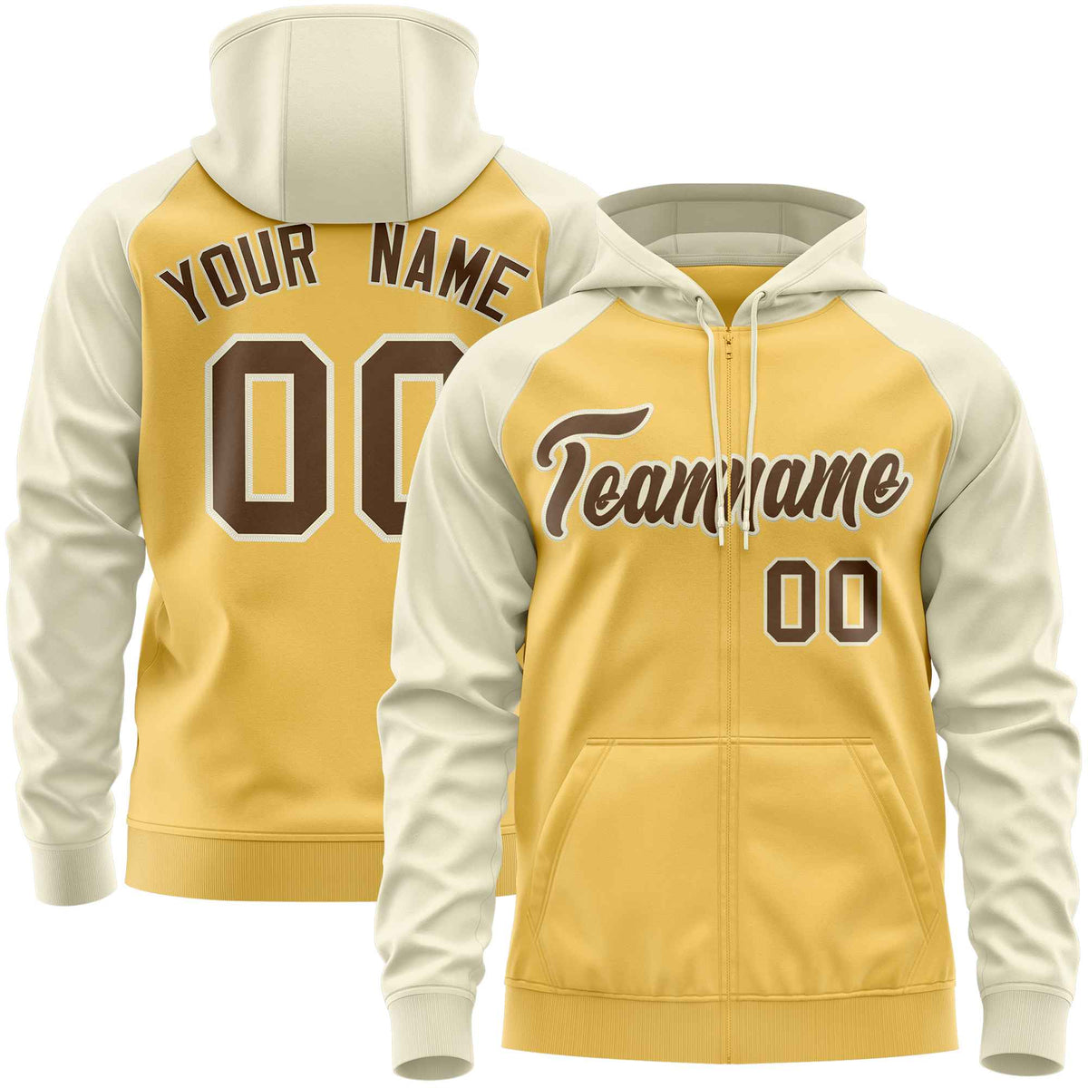 Custom Stitched Yellow Cream-Light Brown Raglan Sleeves Sports Full-Zip Sweatshirt Hoodie| KXKSHOP
