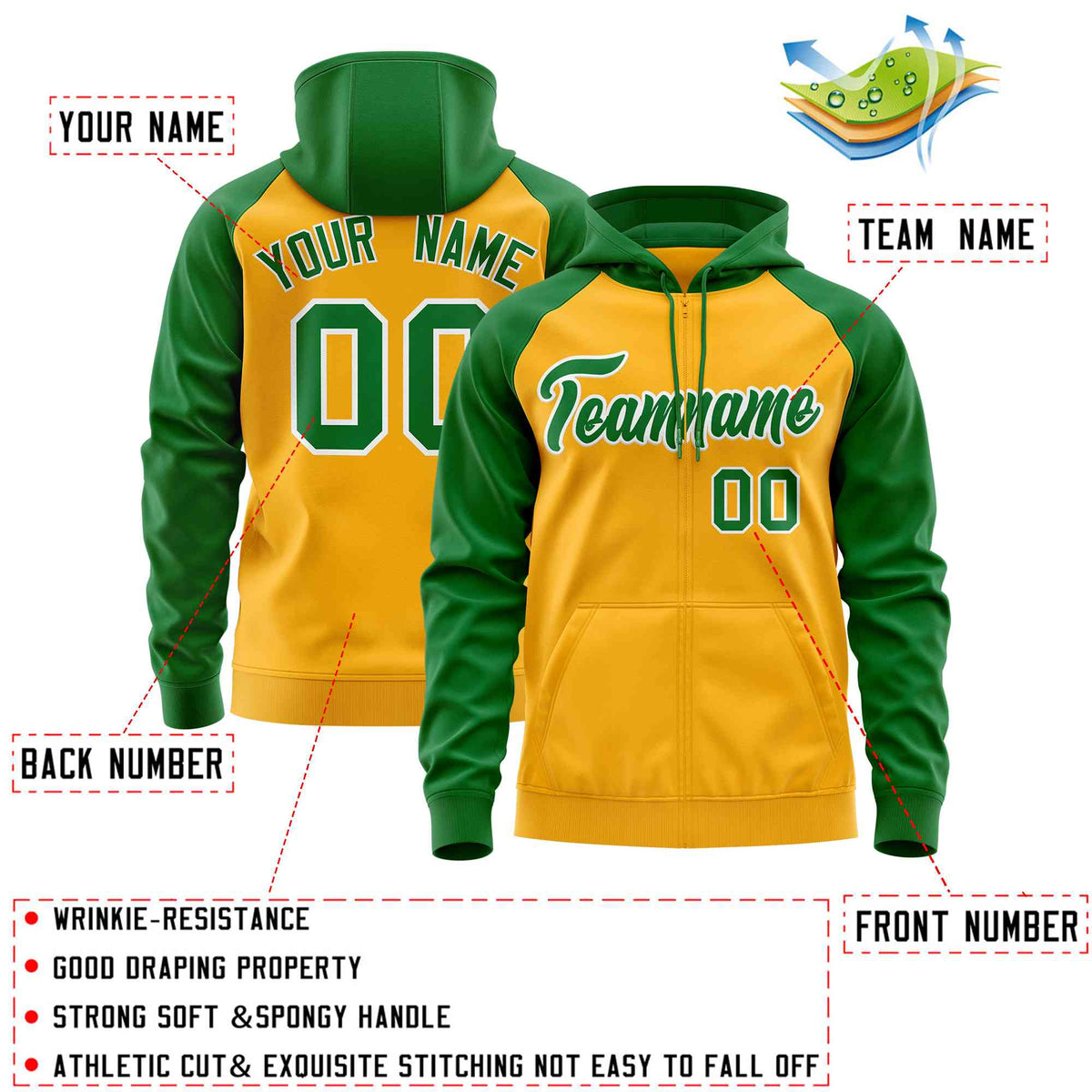 Custom Stitched Gold Kelly Green Raglan Sleeves Sports Full-Zip Sweatshirt Hoodie| KXKSHOP
