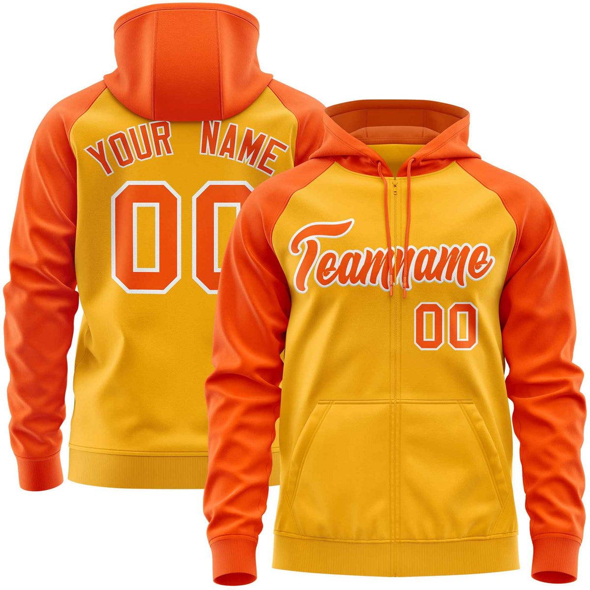 Custom Stitched Gold Orange Raglan Sleeves Sports Full-Zip Sweatshirt Hoodie| KXKSHOP