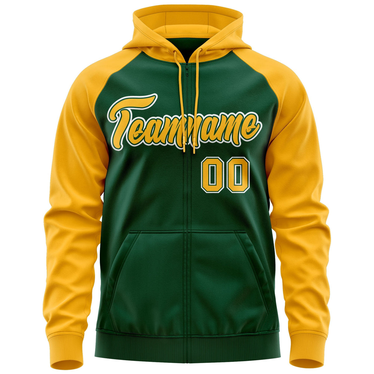 Custom Stitched Green Gold-White Raglan Sleeves Sports Full-Zip Sweatshirt Hoodie| KXKSHOP