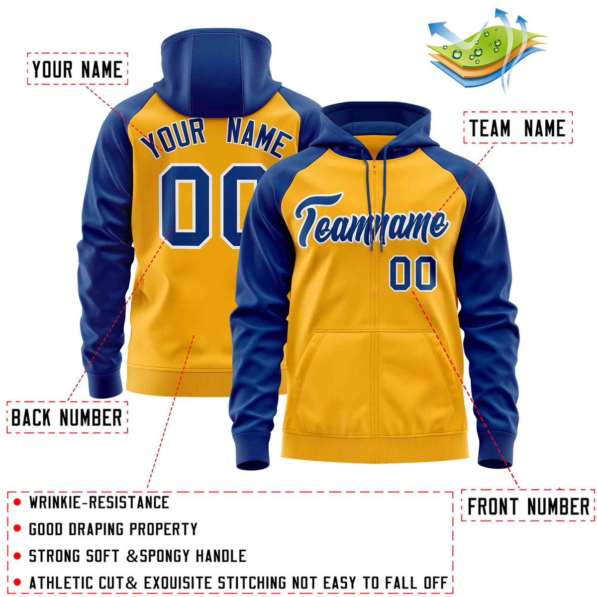 Custom Stitched Gold Royal Raglan Sleeves Sports Full-Zip Sweatshirt Hoodie| KXKSHOP