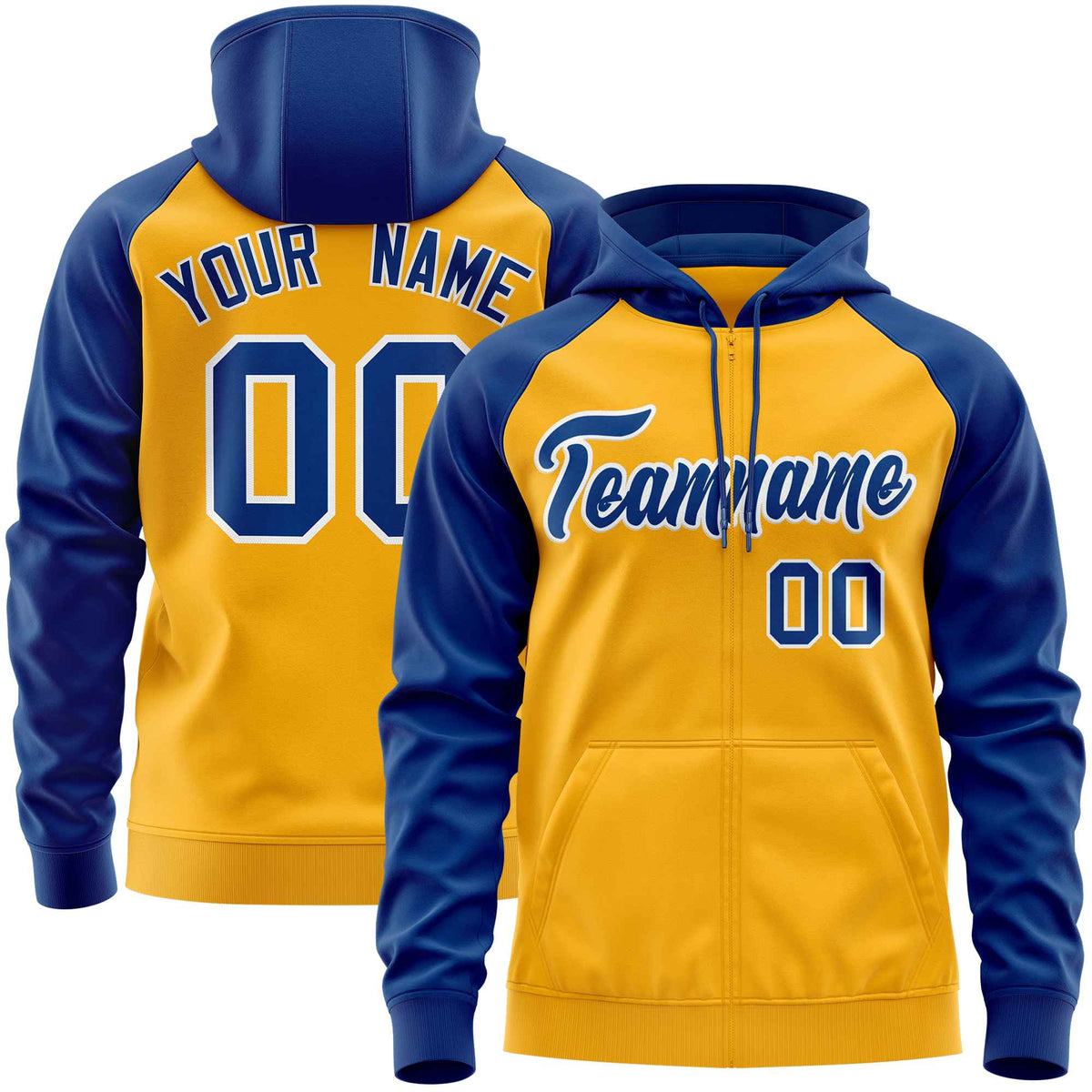 Custom Stitched Gold Royal Raglan Sleeves Sports Full-Zip Sweatshirt Hoodie| KXKSHOP