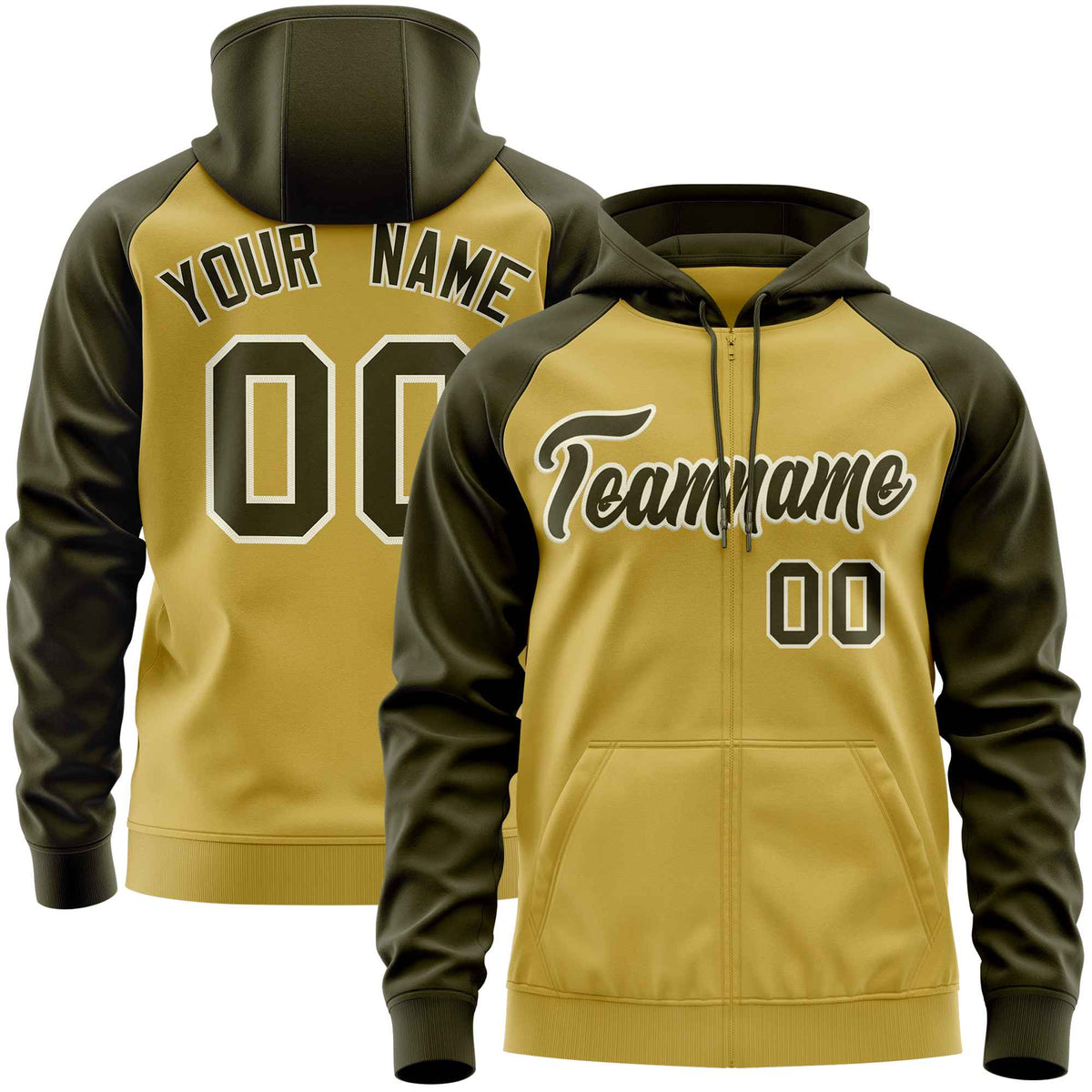Custom Stitched Old Gold Olive Raglan Sleeves Sports Full-Zip Sweatshirt Hoodie| KXKSHOP