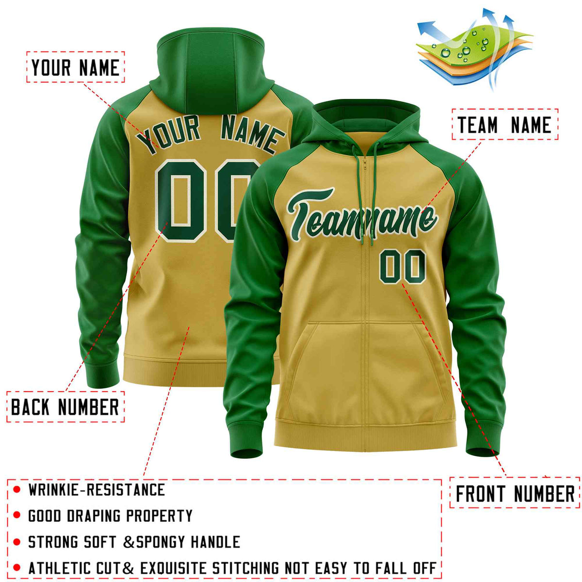 Custom Stitched Old Gold Kelly Green Raglan Sleeves Sports Full-Zip Sweatshirt Hoodie| KXKSHOP