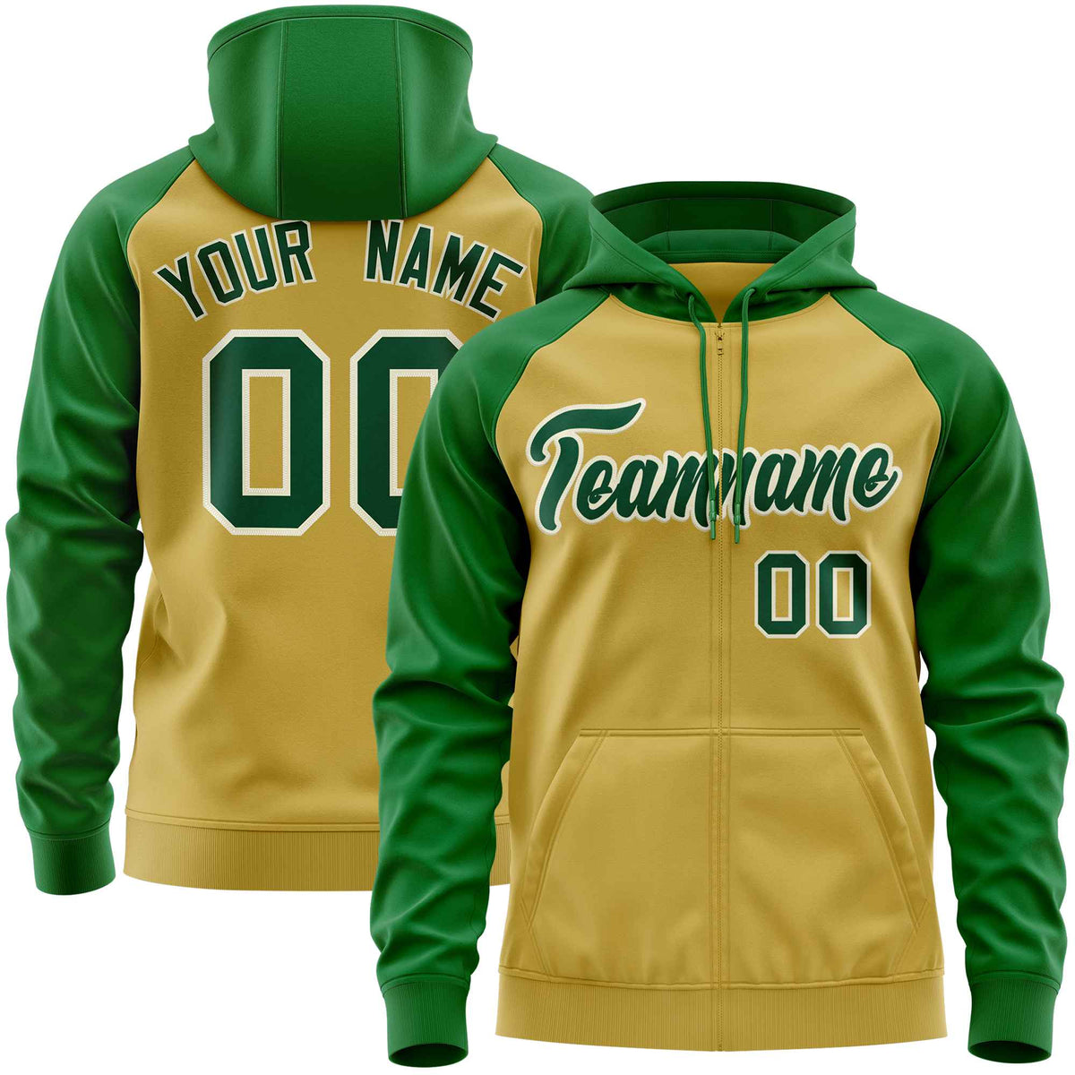 Custom Stitched Old Gold Kelly Green Raglan Sleeves Sports Full-Zip Sweatshirt Hoodie| KXKSHOP