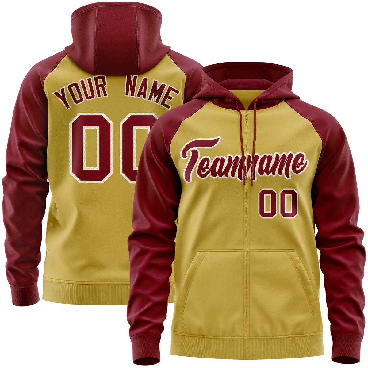 Custom Stitched Old Gold Crimson Raglan Sleeves Sports Full-Zip Sweatshirt Hoodie| KXKSHOP