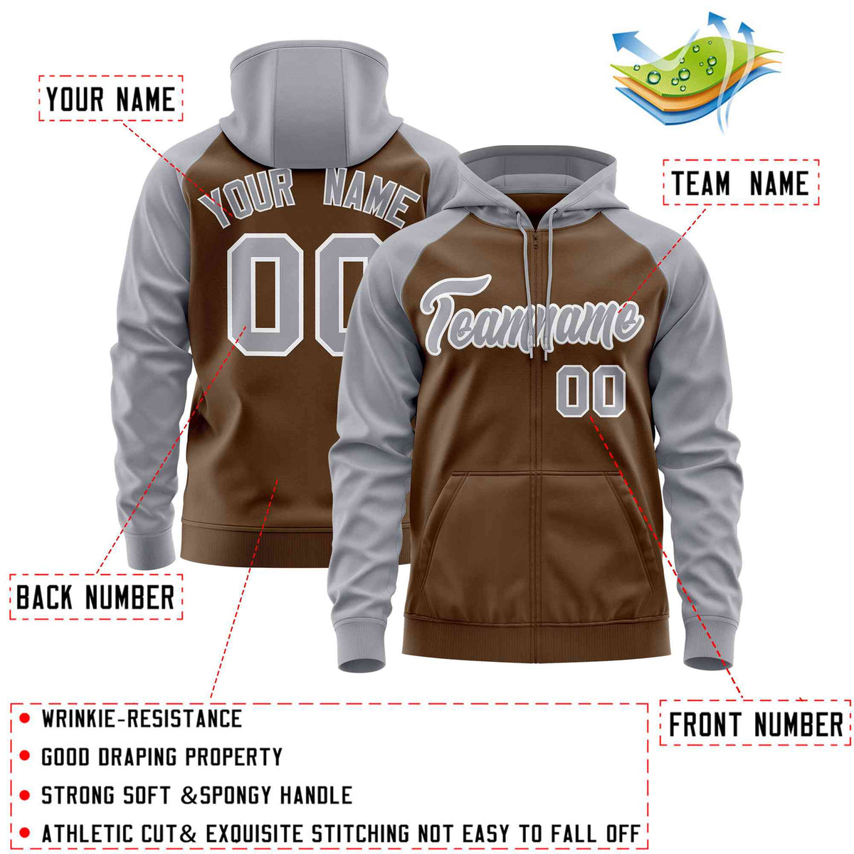 Custom Stitched Light Brown Light Gray Raglan Sleeves Sports Full-Zip Sweatshirt Hoodie| KXKSHOP