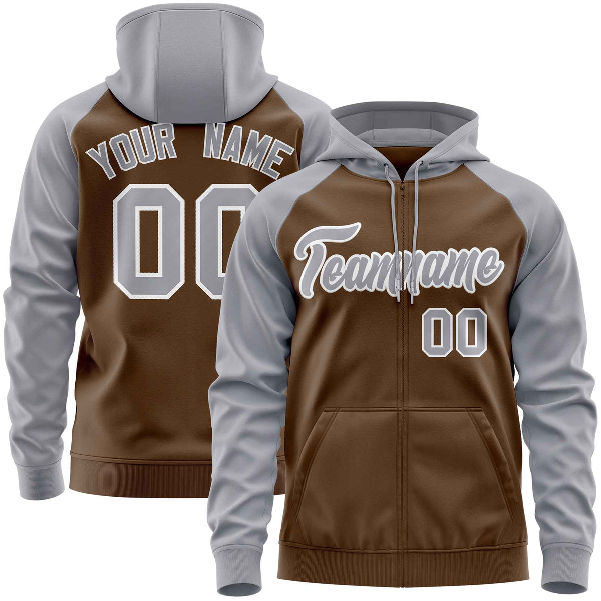 Custom Stitched Light Brown Light Gray Raglan Sleeves Sports Full-Zip Sweatshirt Hoodie| KXKSHOP