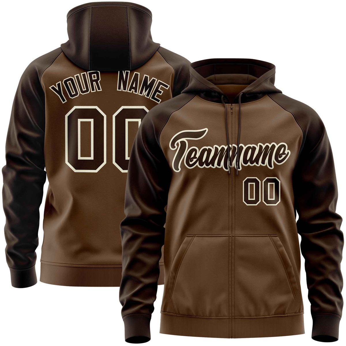Custom Stitched Light Brown Brown Raglan Sleeves Sports Full-Zip Sweatshirt Hoodie| KXKSHOP