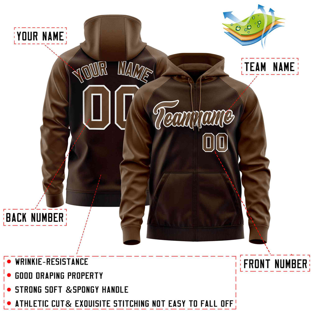 Custom Stitched Brown Light Brown Raglan Sleeves Sports Full-Zip Sweatshirt Hoodie| KXKSHOP