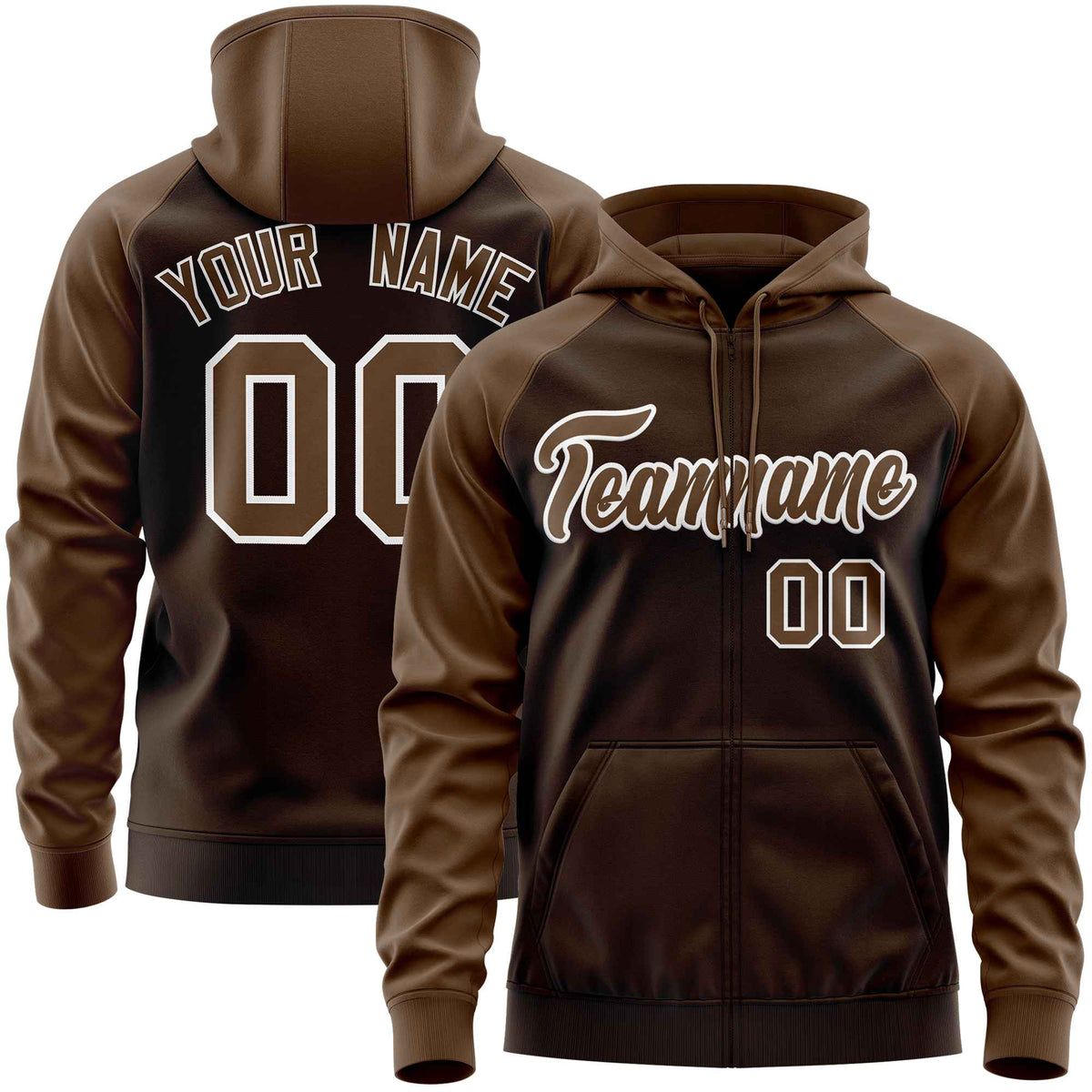 Custom Stitched Brown Light Brown Raglan Sleeves Sports Full-Zip Sweatshirt Hoodie| KXKSHOP