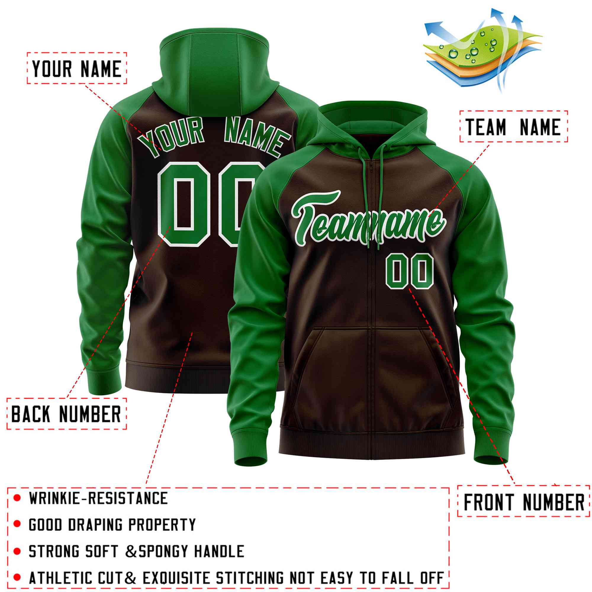 Custom Stitched Brown Kelly Green Raglan Sleeves Sports Full-Zip Sweatshirt Hoodie| KXKSHOP