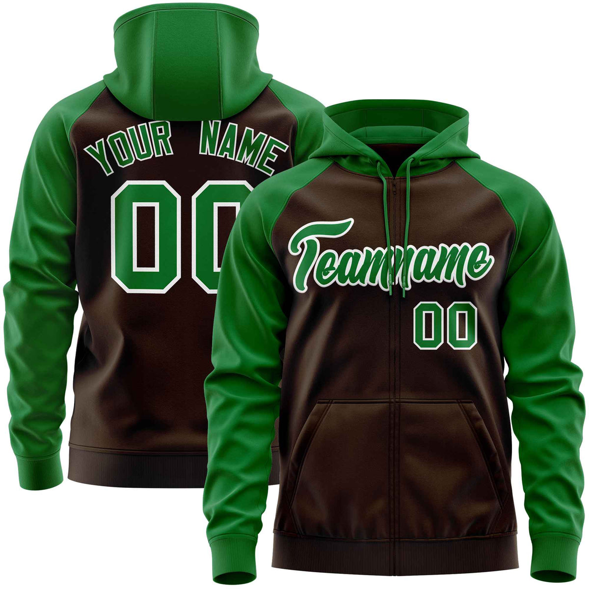 Custom Stitched Brown Kelly Green Raglan Sleeves Sports Full-Zip Sweatshirt Hoodie| KXKSHOP
