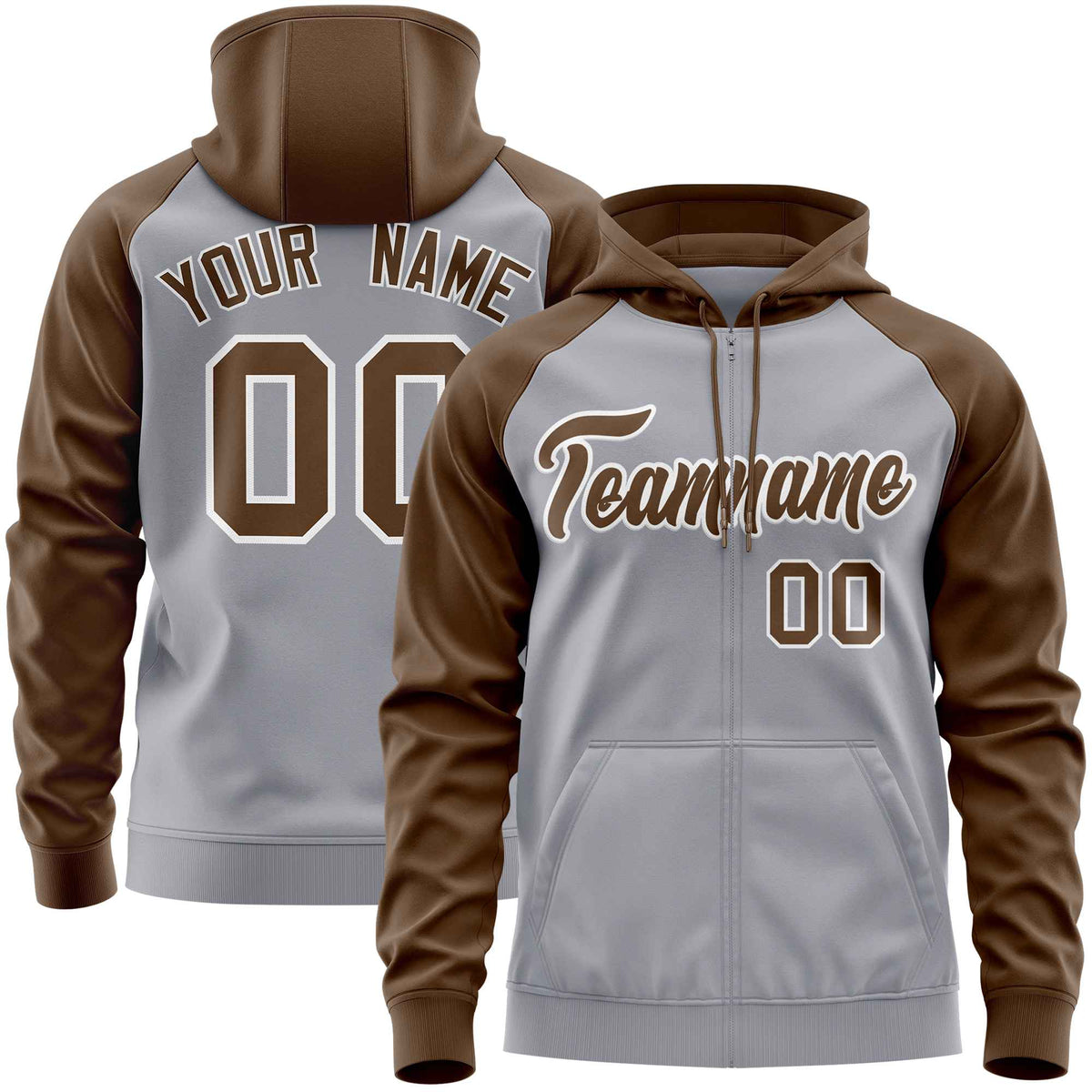 Custom Stitched Light Gray Light Brown Raglan Sleeves Sports Full-Zip Sweatshirt Hoodie| KXKSHOP