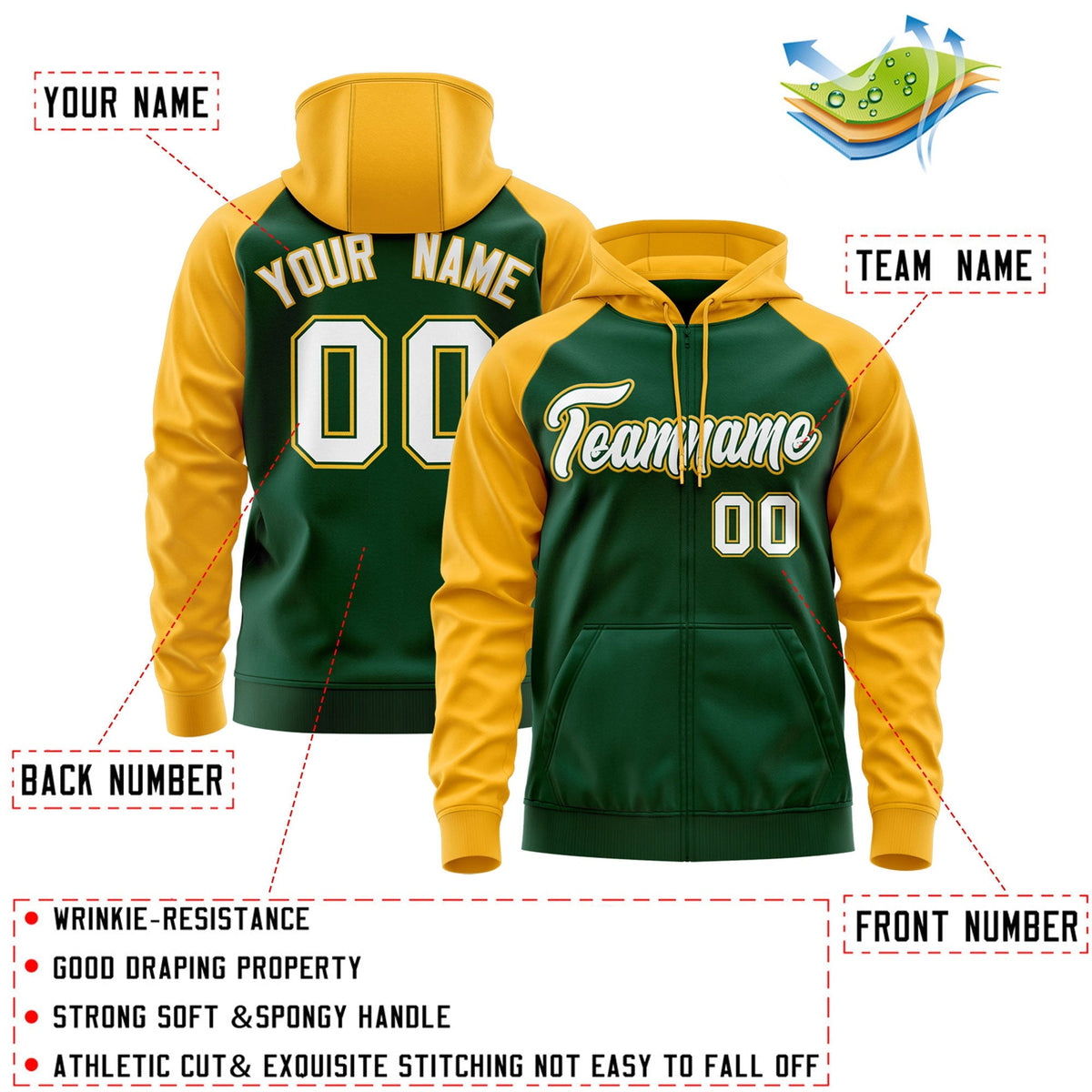 Custom Stitched Green White-Gold Raglan Sleeves Sports Full-Zip Sweatshirt Hoodie| KXKSHOP