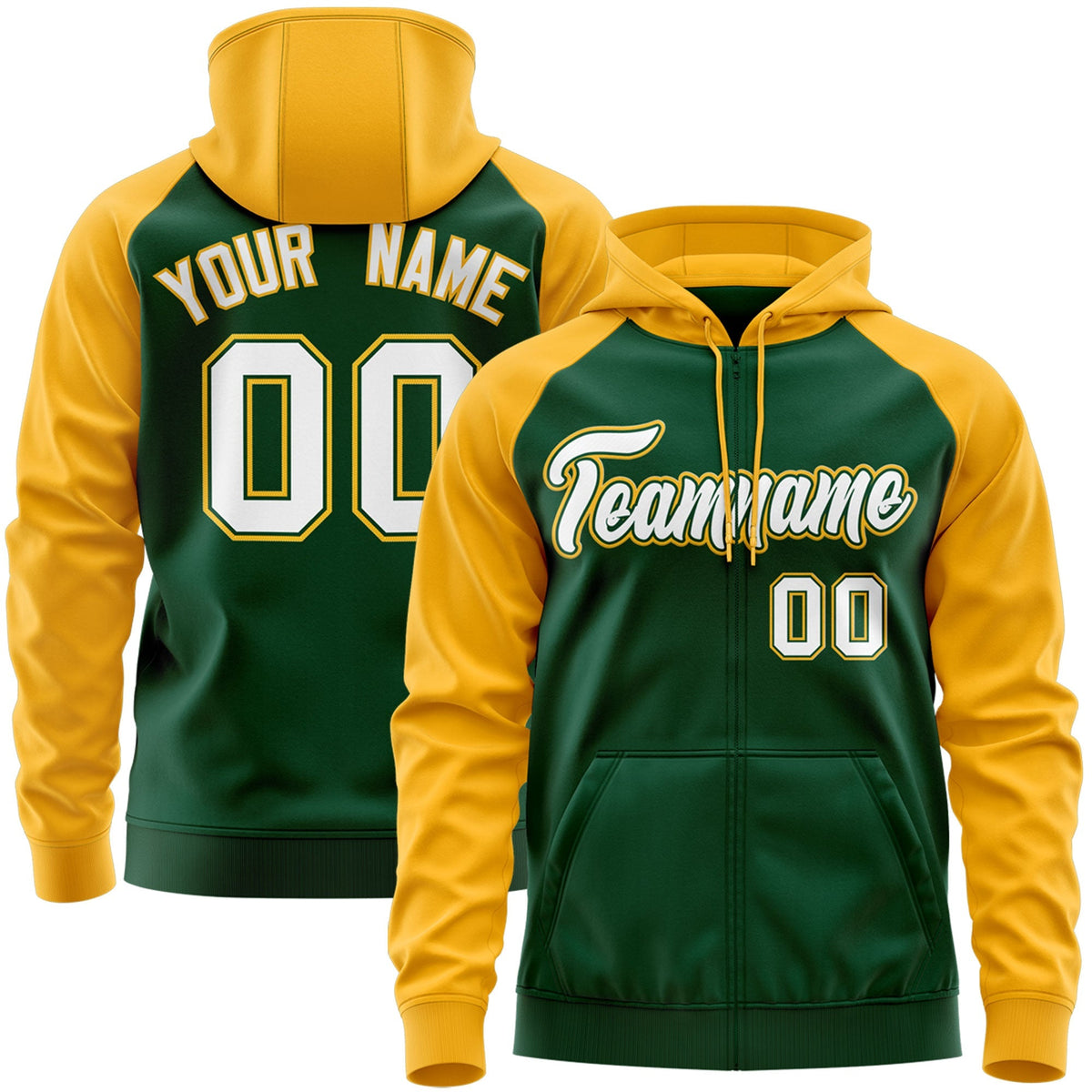Custom Stitched Green White-Gold Raglan Sleeves Sports Full-Zip Sweatshirt Hoodie| KXKSHOP