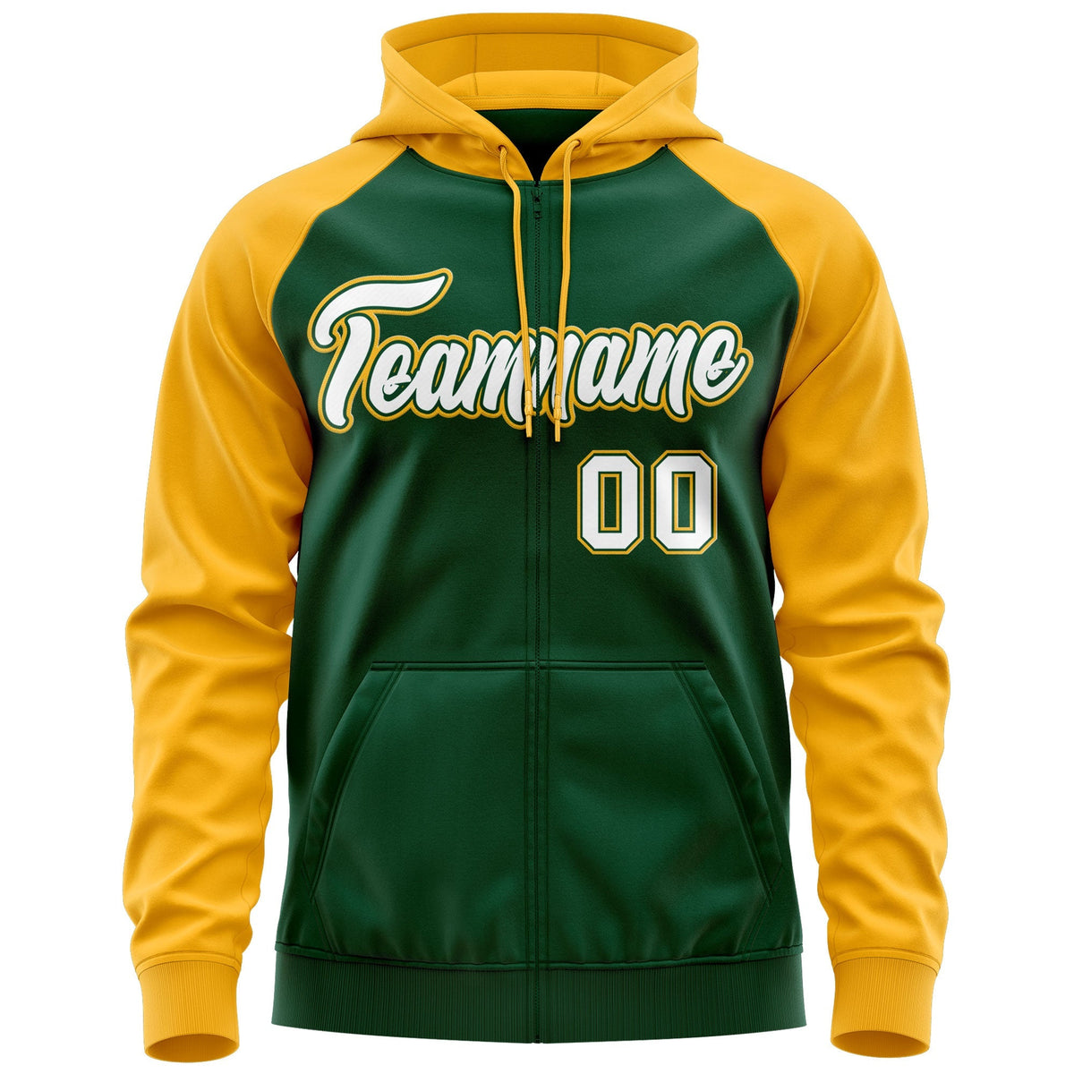 Custom Stitched Green White-Gold Raglan Sleeves Sports Full-Zip Sweatshirt Hoodie| KXKSHOP