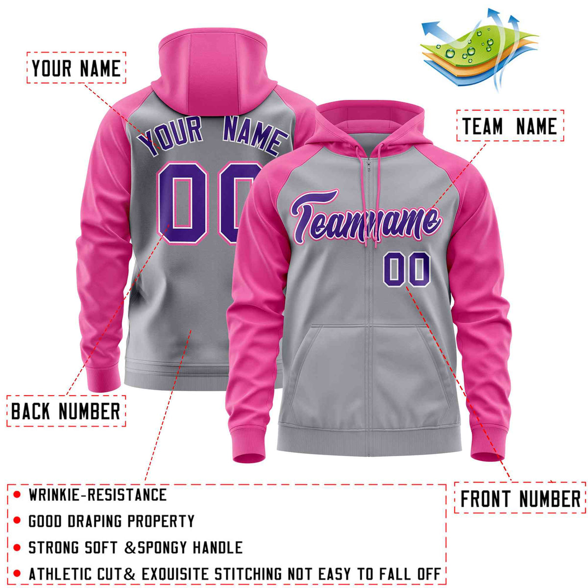 Custom Stitched Light Gray Pink-Purple Raglan Sleeves Sports Full-Zip Sweatshirt Hoodie| KXKSHOP