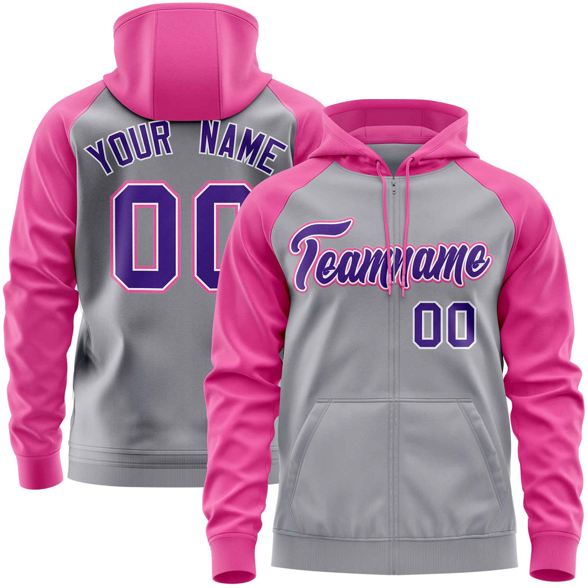 Custom Stitched Light Gray Pink-Purple Raglan Sleeves Sports Full-Zip Sweatshirt Hoodie| KXKSHOP