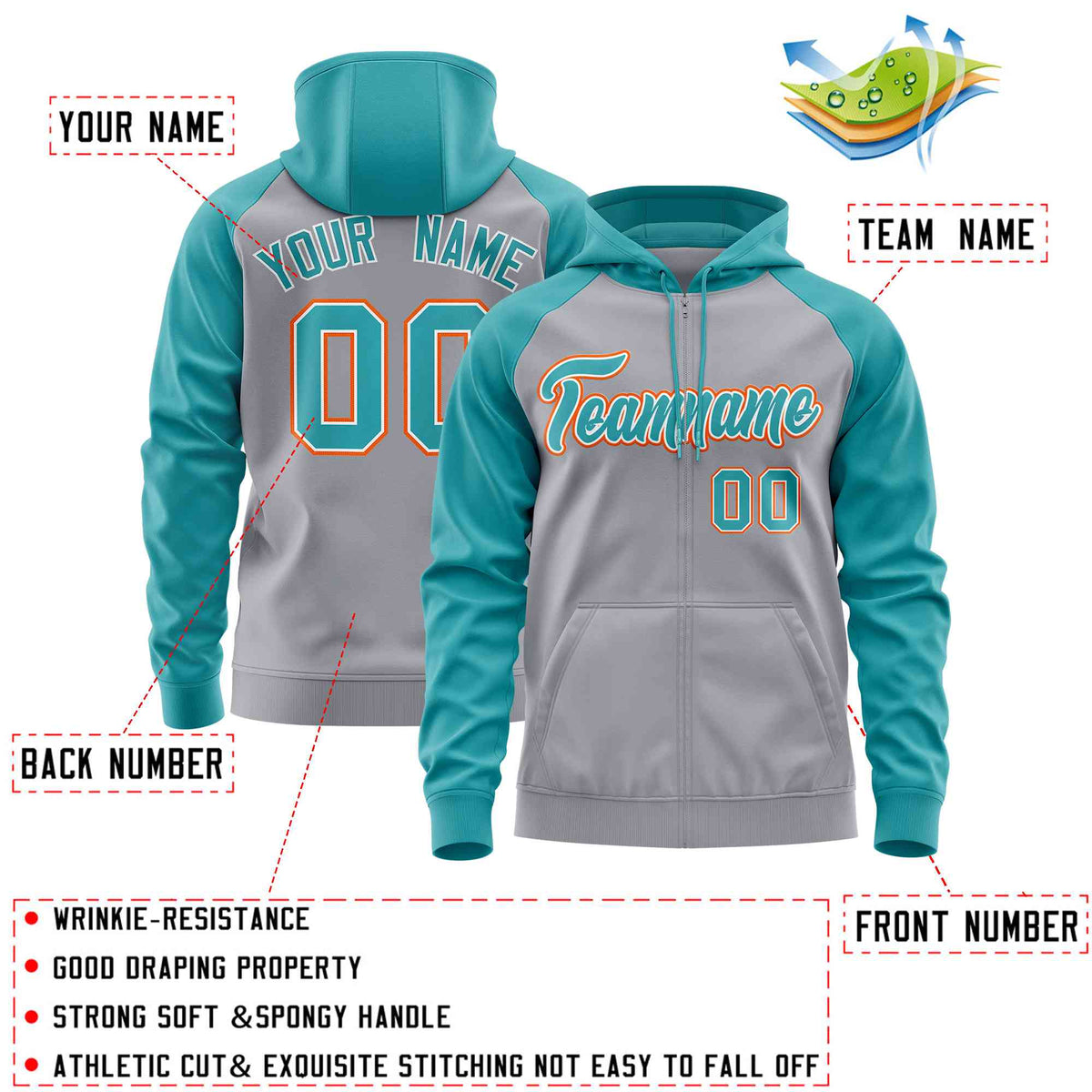 Custom Stitched Light Gray Aqua Raglan Sleeves Sports Full-Zip Sweatshirt Hoodie| KXKSHOP