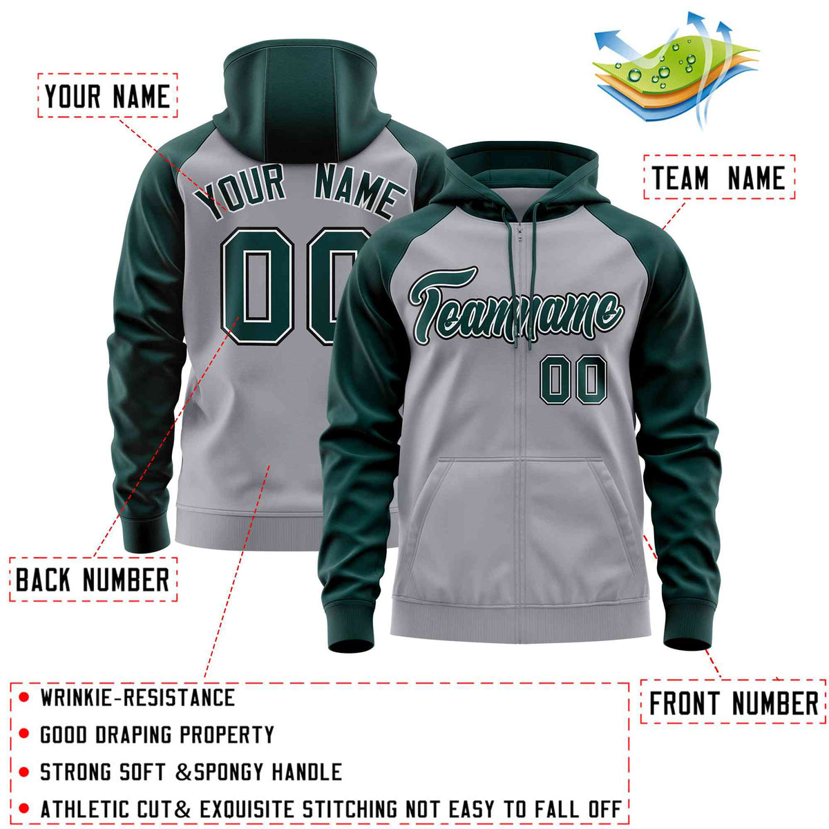 Custom Stitched Light Gray Midnight Green Raglan Sleeves Sports Full-Zip Sweatshirt Hoodie| KXKSHOP