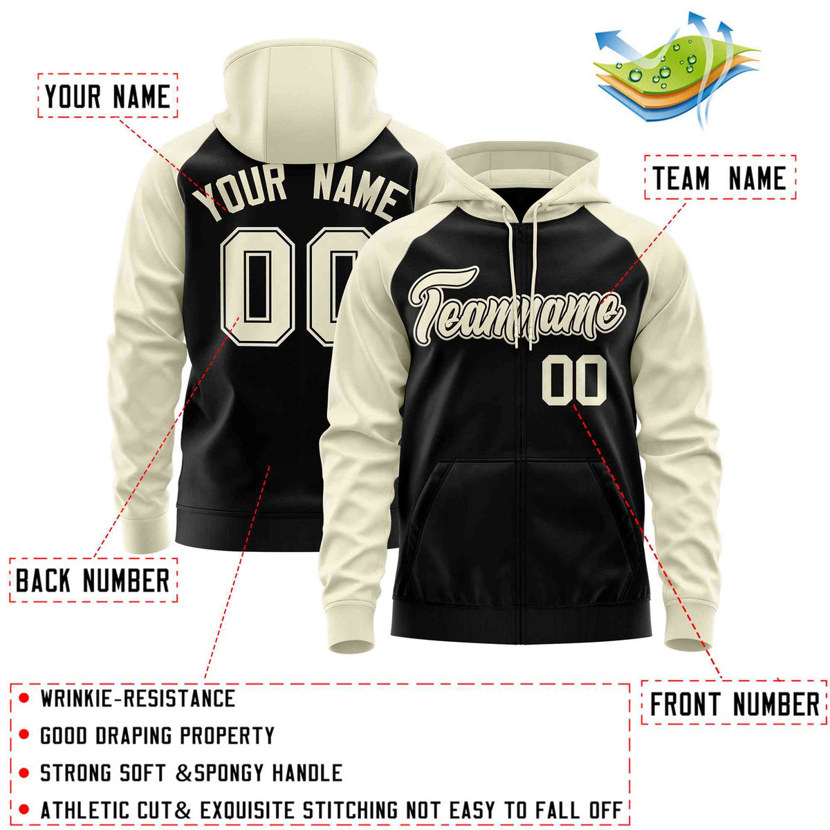 Custom Stitched Black Cream Raglan Sleeves Sports Full-Zip Sweatshirt Hoodie| KXKSHOP