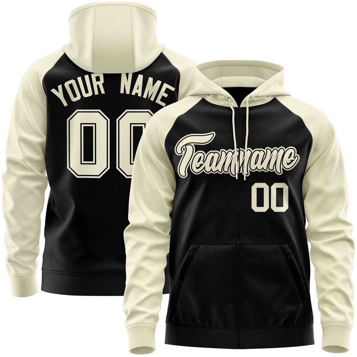 Custom Stitched Black Cream Raglan Sleeves Sports Full-Zip Sweatshirt Hoodie| KXKSHOP