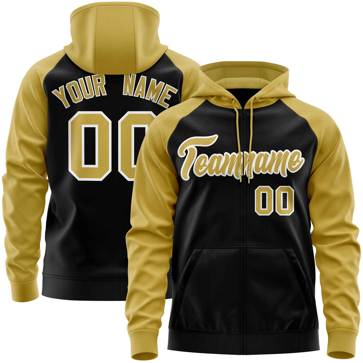 Custom Stitched Black Old Gold Raglan Sleeves Sports Full-Zip Sweatshirt Hoodie| KXKSHOP