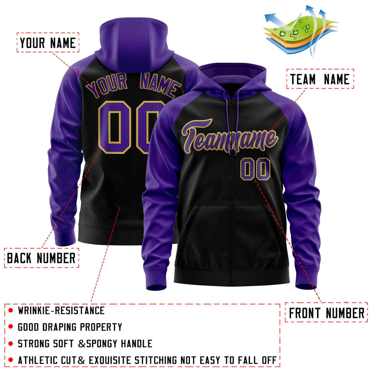 Custom Stitched Black Purple Raglan Sleeves Sports Full-Zip Sweatshirt Hoodie| KXKSHOP
