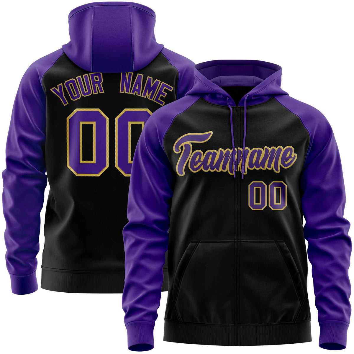 Custom Stitched Black Purple Raglan Sleeves Sports Full-Zip Sweatshirt Hoodie| KXKSHOP
