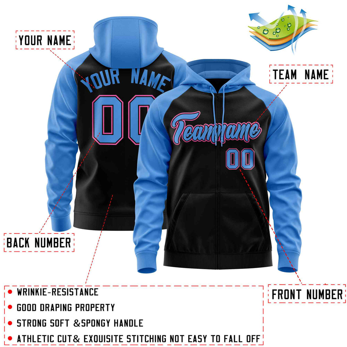 Custom Stitched Black Powder Blue Raglan Sleeves Sports Full-Zip Sweatshirt Hoodie| KXKSHOP