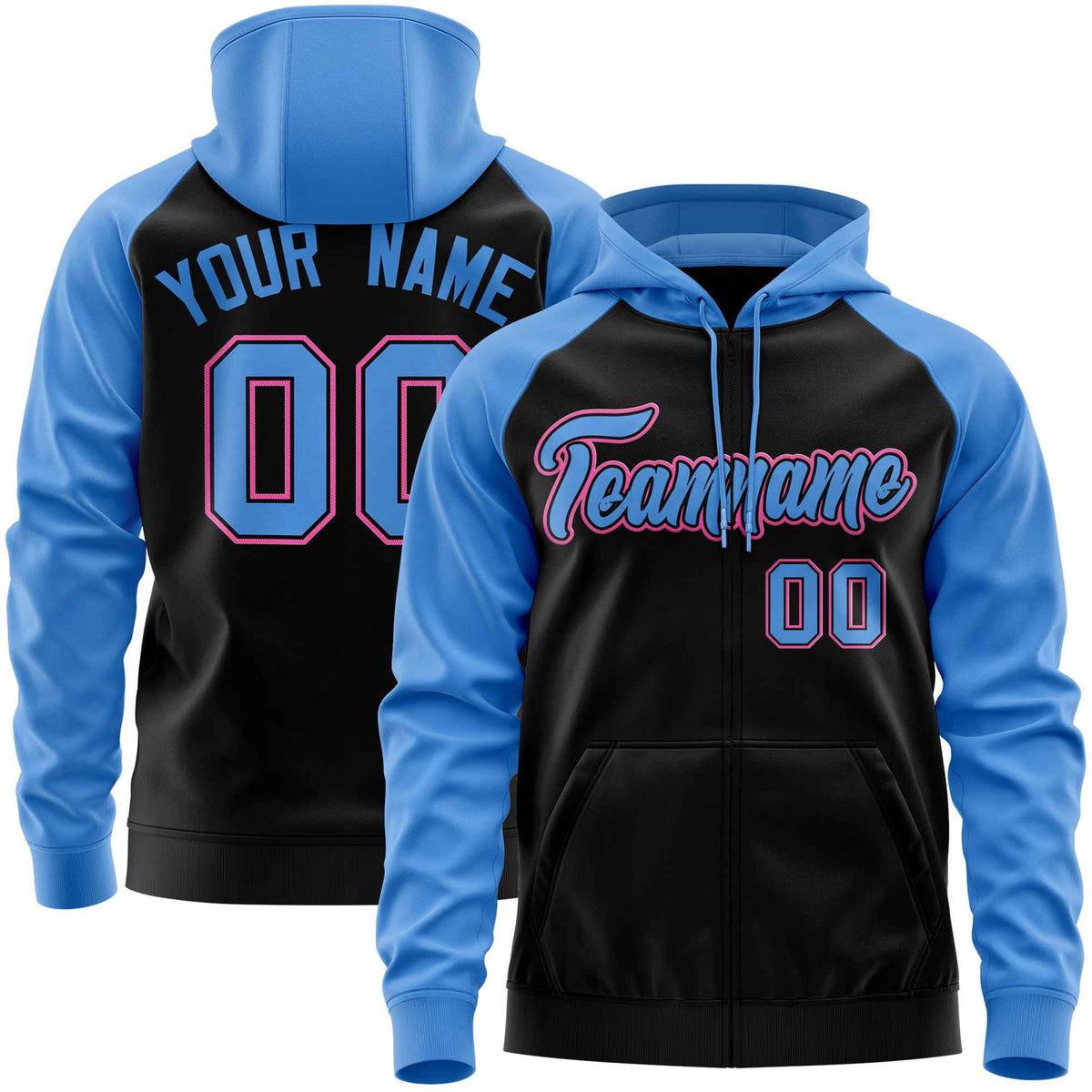 Custom Stitched Black Powder Blue Raglan Sleeves Sports Full-Zip Sweatshirt Hoodie| KXKSHOP