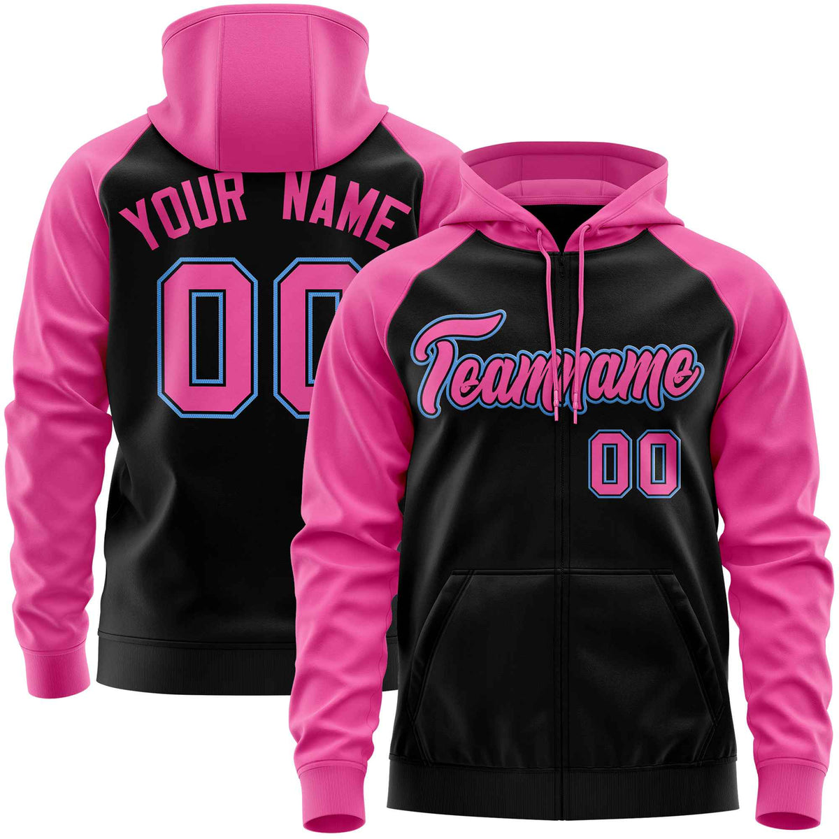 Custom Stitched Black Pink Raglan Sleeves Sports Full-Zip Sweatshirt Hoodie| KXKSHOP