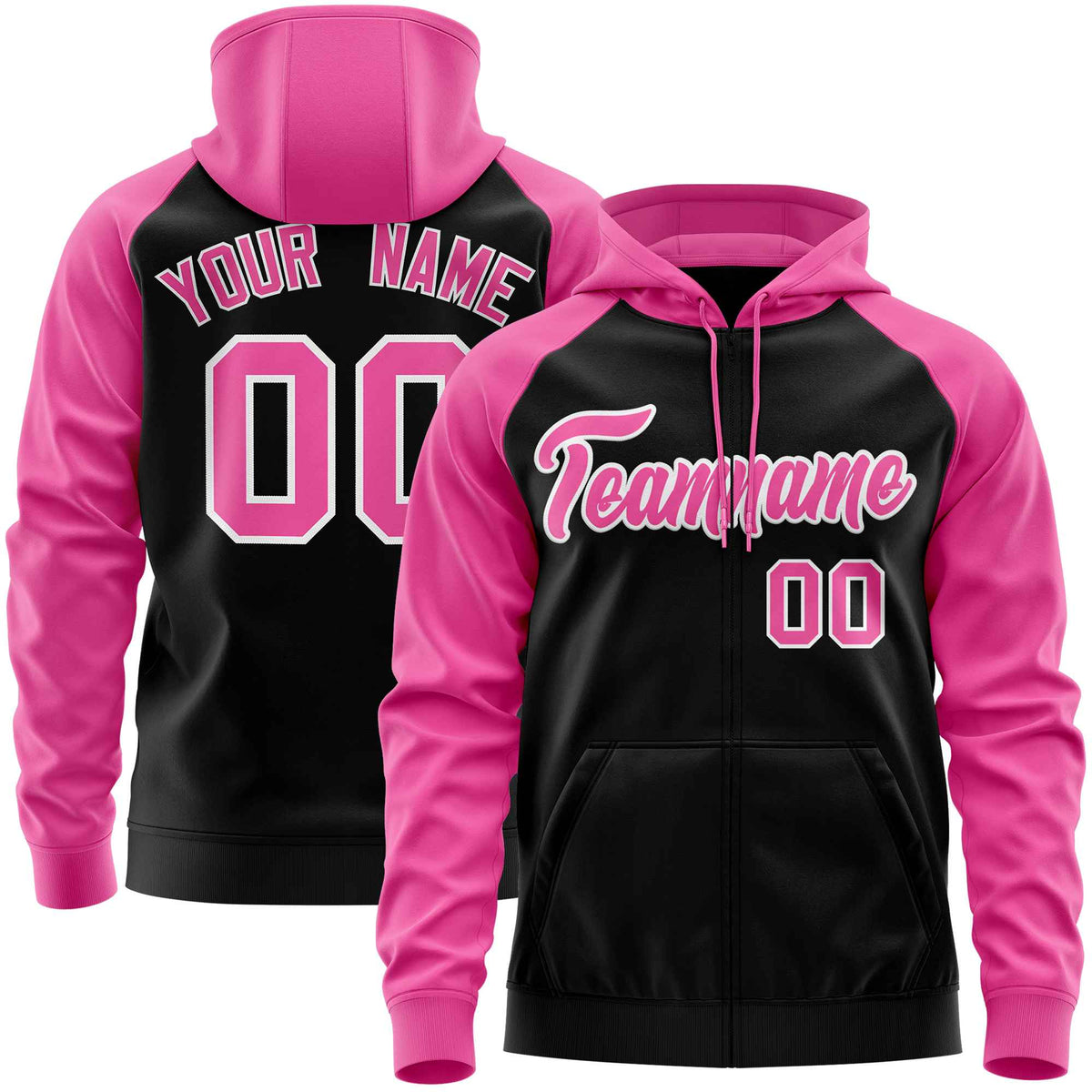 Custom Stitched Black Pink Raglan Sleeves Sports Full-Zip Sweatshirt Hoodie| KXKSHOP